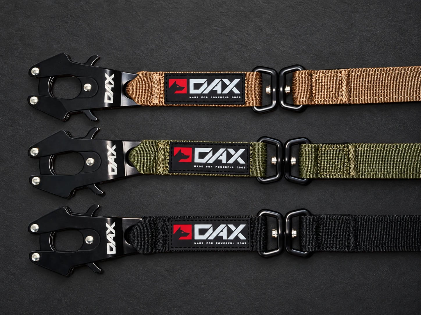DAX leash details in Coyote Brown, Ranger Green and black.